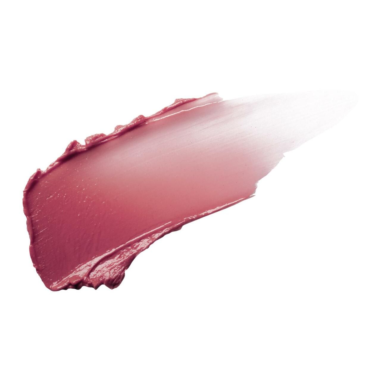 Rosa Lippenbalsam-Abstrich auf weißem Hintergrund. Farbverlauf von intensiv nach transparent.