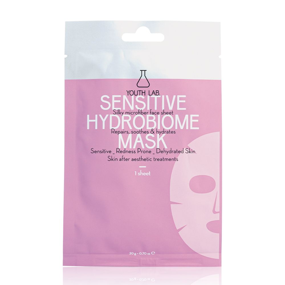 Einzelpackung YOUTH LAB Sensitive Hydrobiome Mask. Rosa Beutel mit Produktnamen und 1 Maske. Gesichtsumriss.