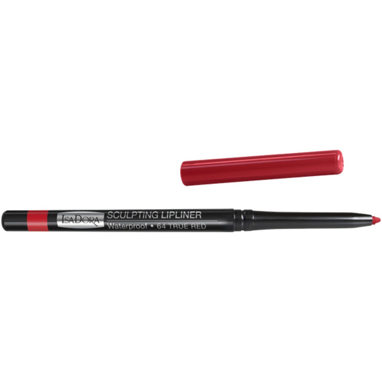 IsaDora Sculpting Lipliner Waterproof. Roter Lipliner mit roter Kappe. Schwarzer Stift mit Produktbezeichnung und Farbton.