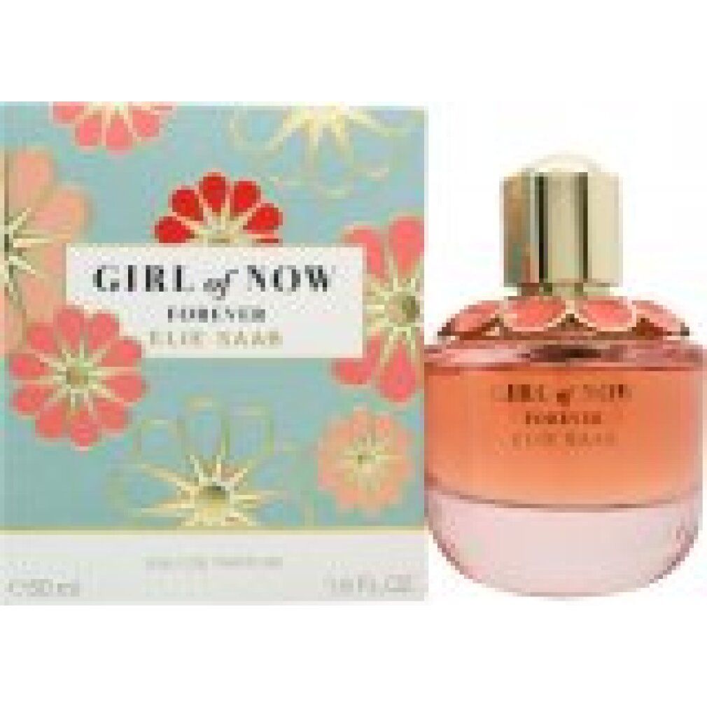Elie Saab Girl of Now Forever Eau de Parfum 50ml Flakon und Verpackung mit Blumenmuster.