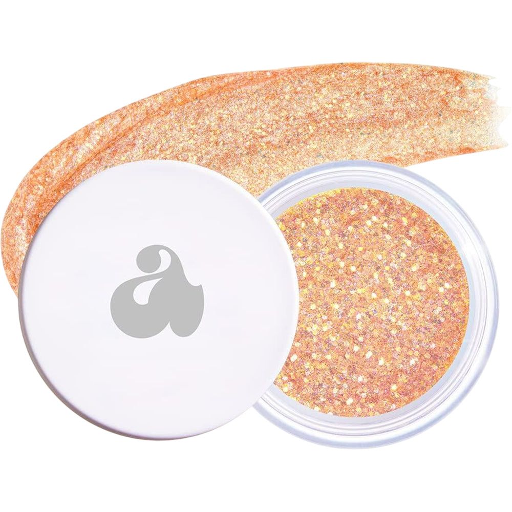 Glitzergel-Tiegel mit Deckel. Logo auf dem Deckel. Gel-Farbe: Orange.