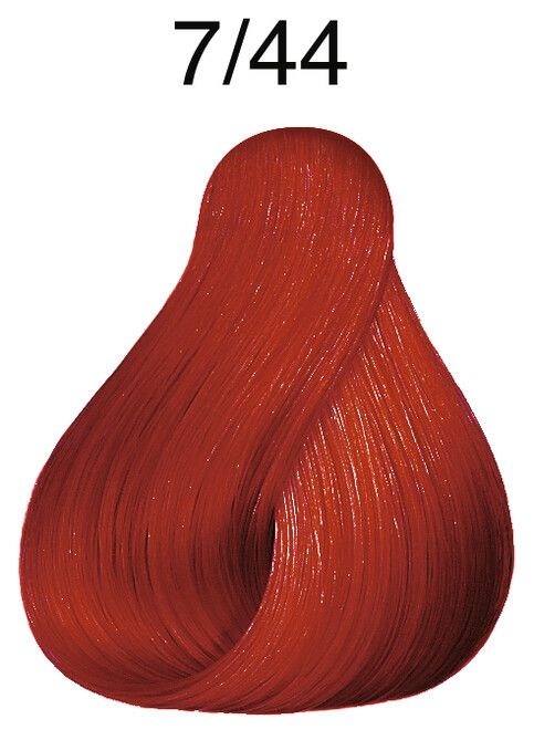 Haarsträhne in Rot. Farbnummer 7/44. Glänzende, gewellte Haarprobe in intensiver Rotfärbung.