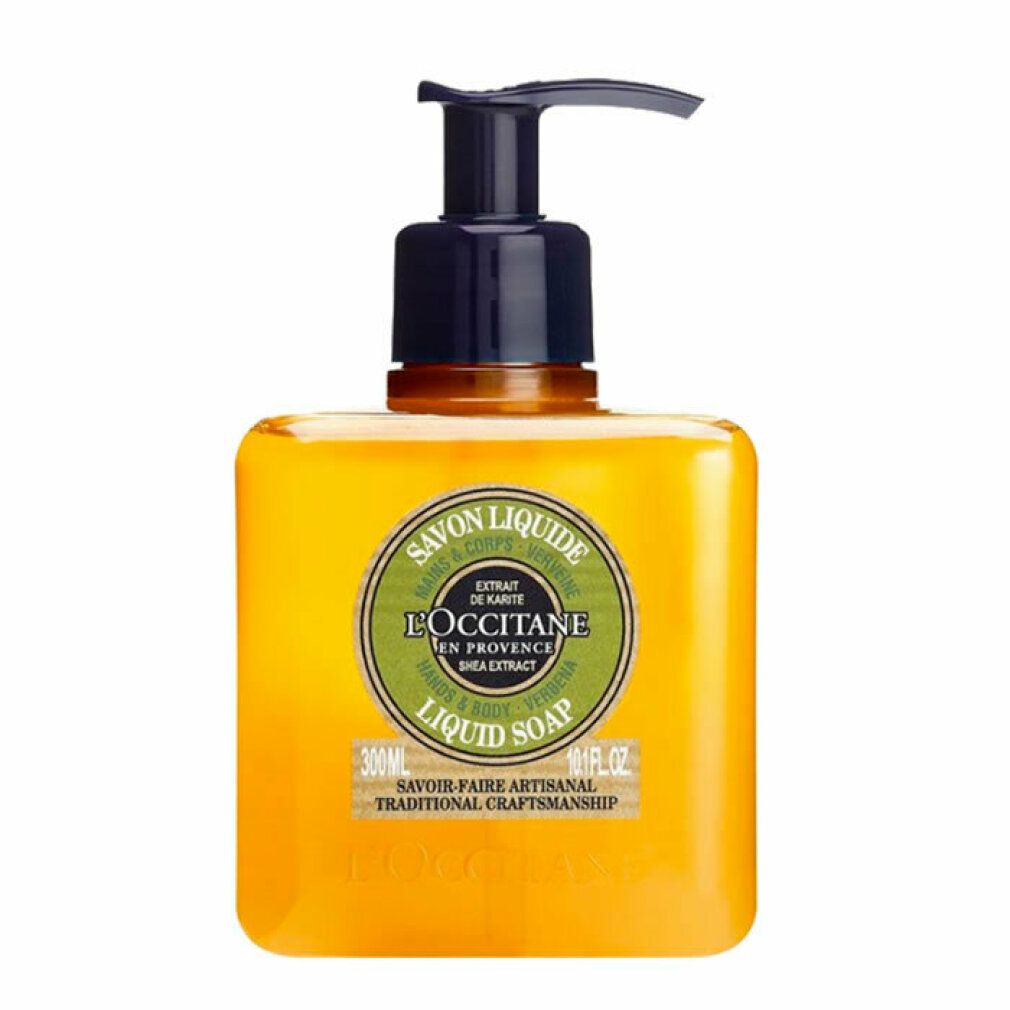 Gel-Reiniger für die Hände. Quadratische Flasche mit schwarzem Pumpkopf. Aufschrift: Verveine, Gel Nettoyant pour les Mains, 300ml.