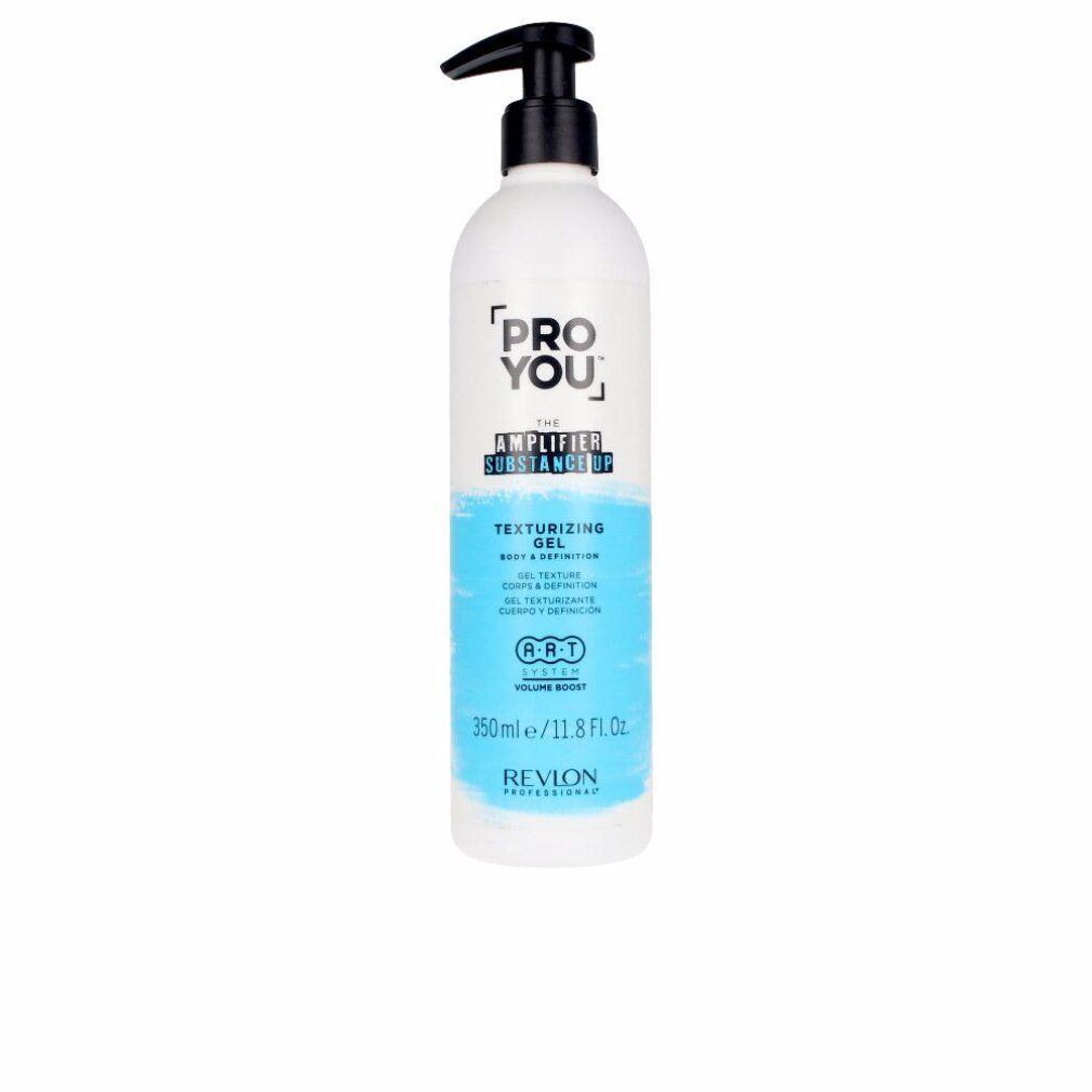 Weiß-blaue Flasche mit schwarzem Pumpkopf. Aufschrift: PRO YOU, THE AMPLIFIER SUBSTANCE UP, TEXTURIZING GEL. Volumen: 350 ml / 11.8 Fl. Oz.