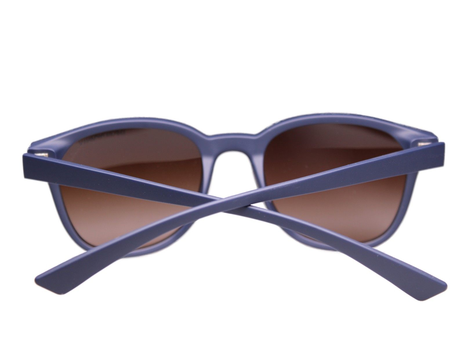 Sonnenbrille von hinten. Blaue Fassung, braune Gläser. Bügel gekreuzt.