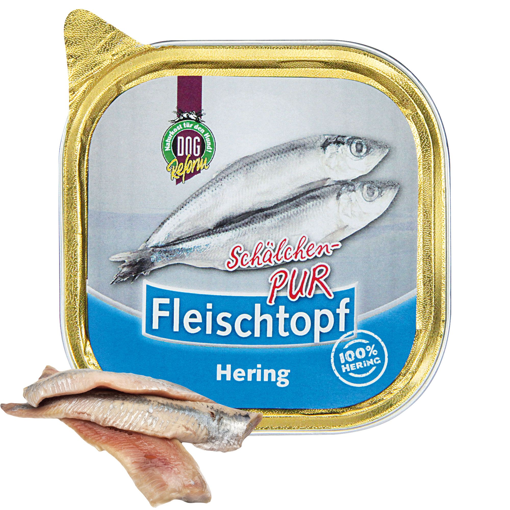 Schälchen Nassfutter mit Fisch. Aufschrift: Fleischtopf, Hering, 100% Hering. Logo: DOG Reform. Daneben Fischstücke.