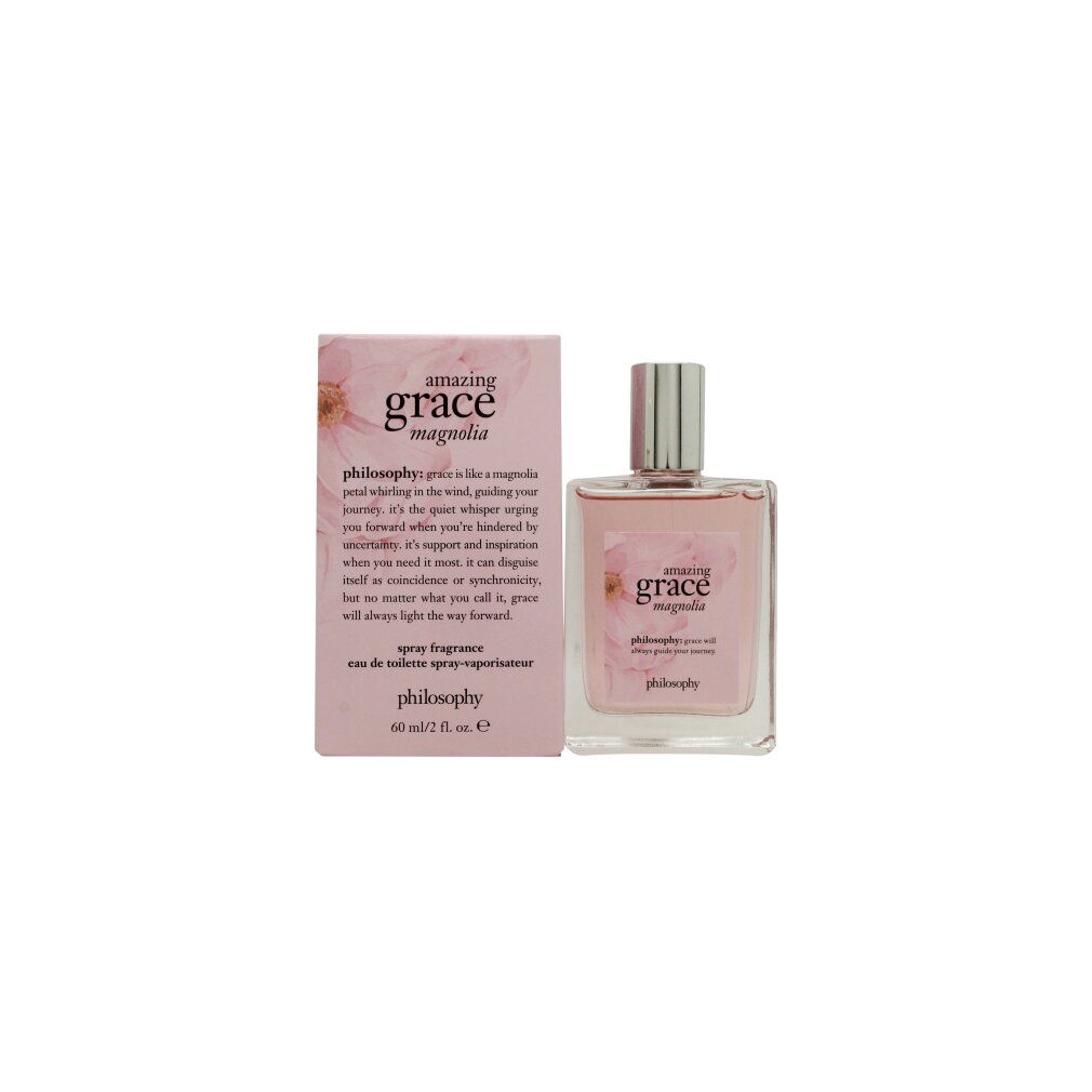 Rosa Flakon und Schachtel. Aufschrift "amazing grace magnolia" und "philosophy".