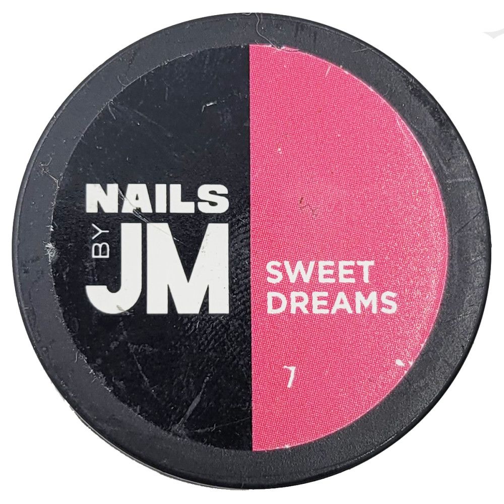 Runder Behälter, geteilt in Schwarz und Pink. Aufschrift "NAILS BY JM" und "SWEET DREAMS 7".