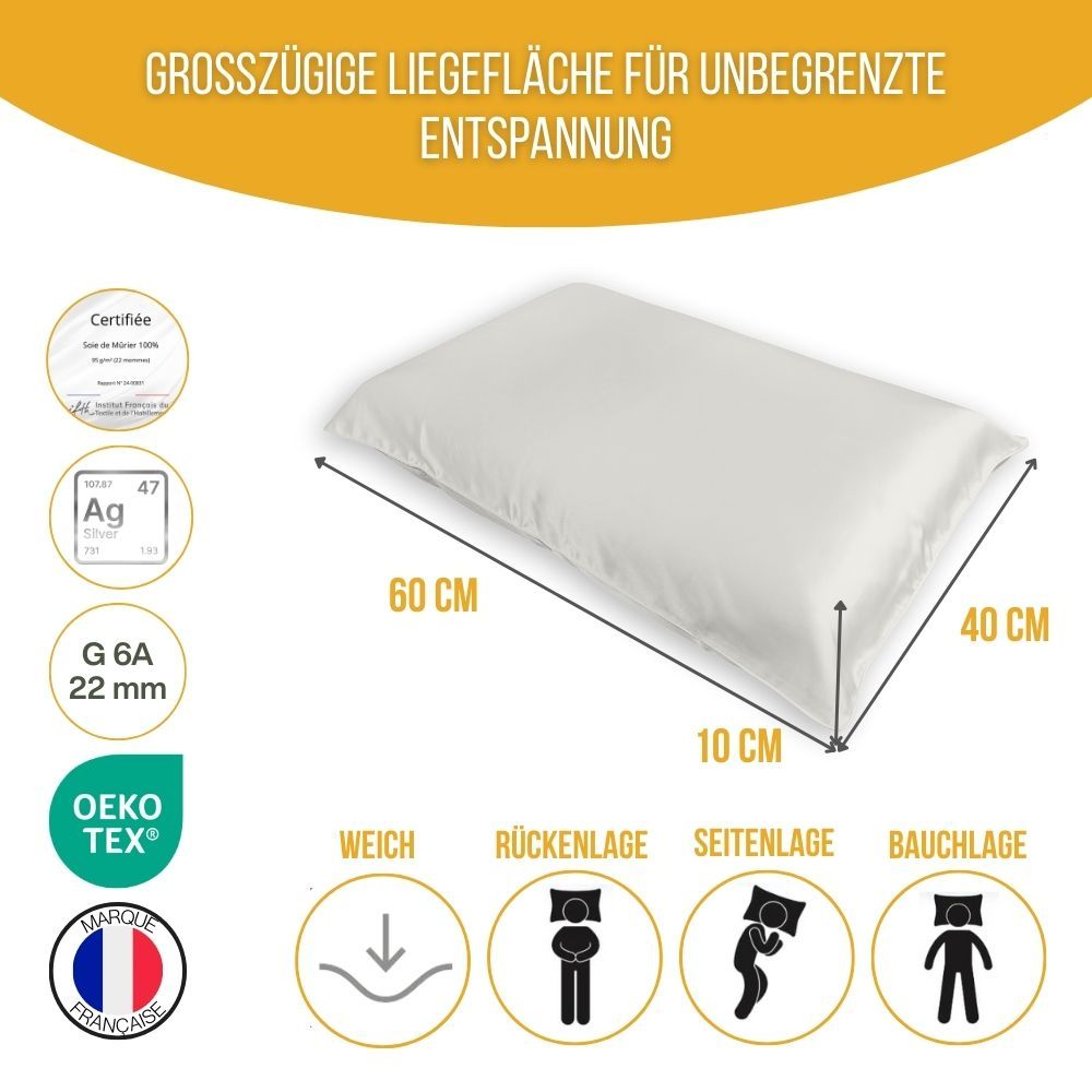 Weißes Kissen. Maße: 60x40x10 cm. Symbole: weich, Rückenlage, Seitenlage, Bauchlage. Oeko-Tex.