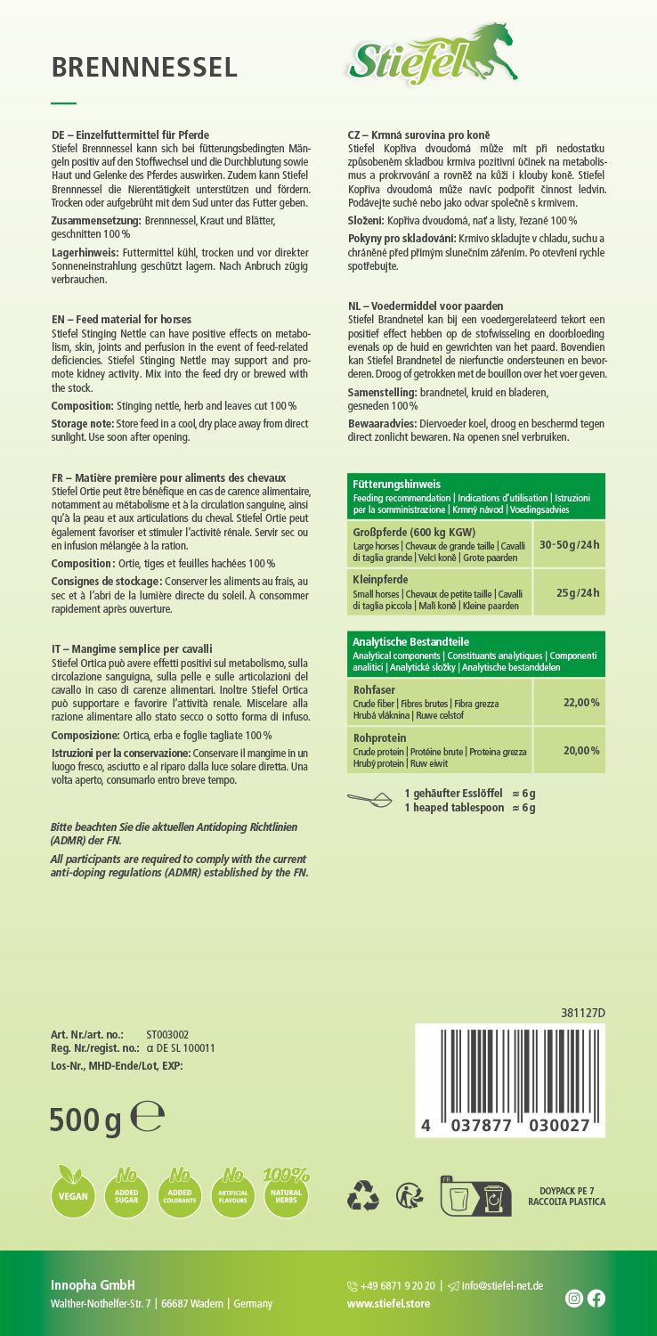 Rückseite der Brennnessel-Verpackung. Text in mehreren Sprachen. Enthält Informationen zu Inhaltsstoffen, Fütterungsempfehlungen und Analytischen Bestandteilen.