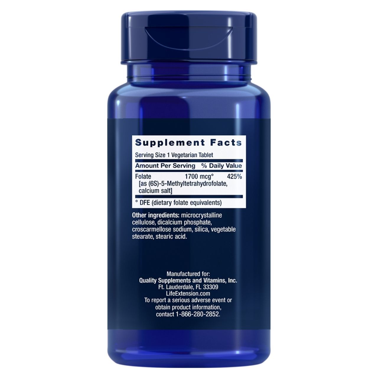 Supplement Facts Etikett auf einer blauen Flasche: Folsäure 1700 mcg, andere Inhaltsstoffe aufgeführt.