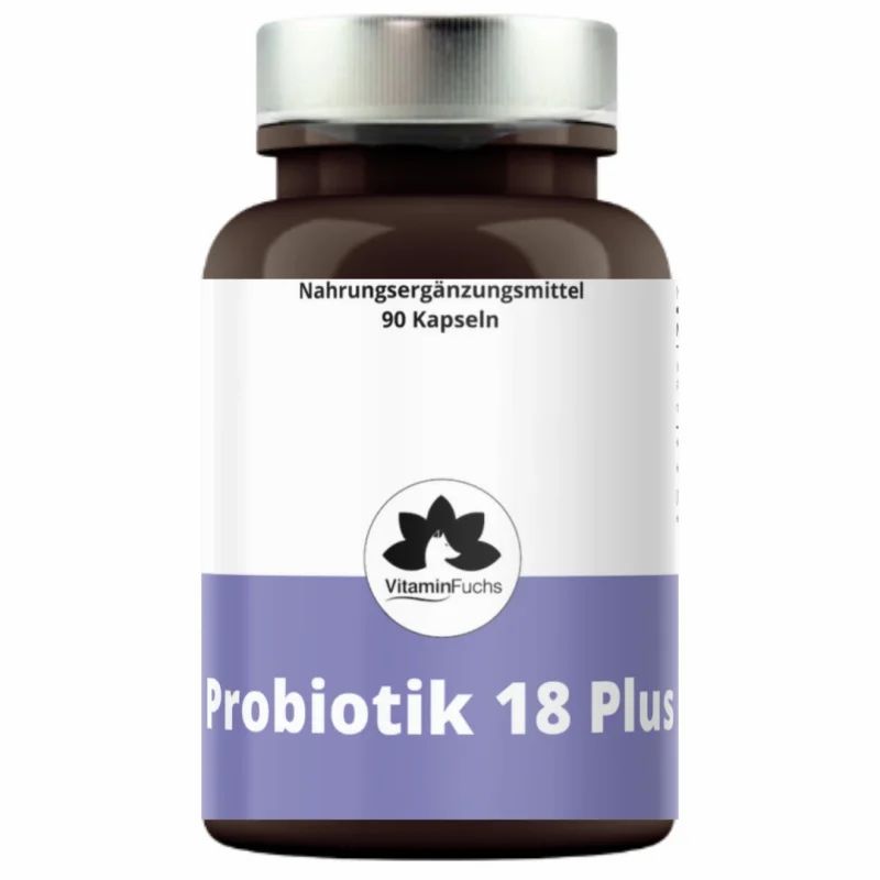 Braune Flasche mit Kapseln. Aufschrift: Probiotik 18 Plus, Vitamin Fuchs. 90 Kapseln. Nahrungsergänzungsmittel.