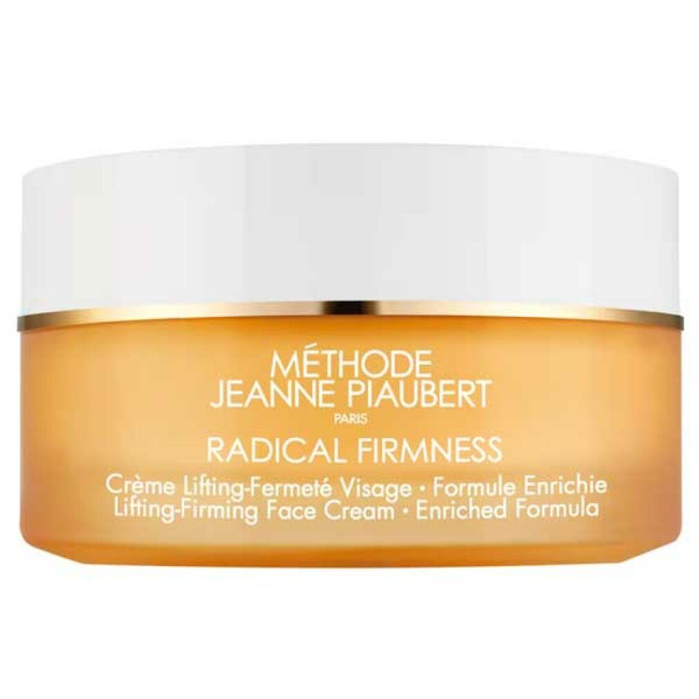 Creme-Tiegel mit weißem Deckel und goldenem Rand. Aufschrift: Radical Firmness. Marke: Jeanne Piaubert.