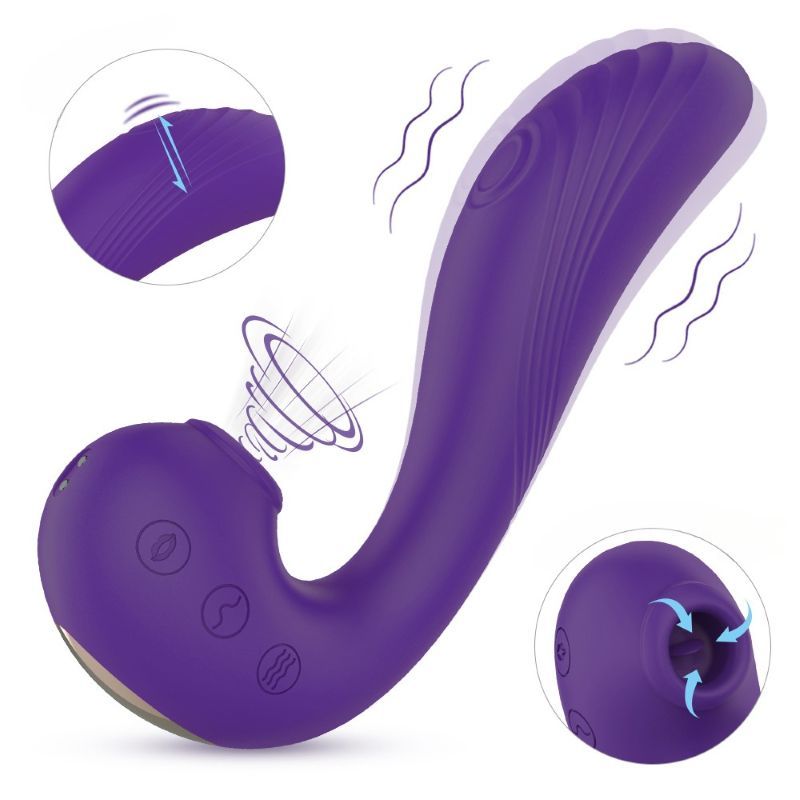 Lila Vibrator mit Saugbereich und drei Knöpfen. Illustrationen zeigen Vibration und Saugfunktion.