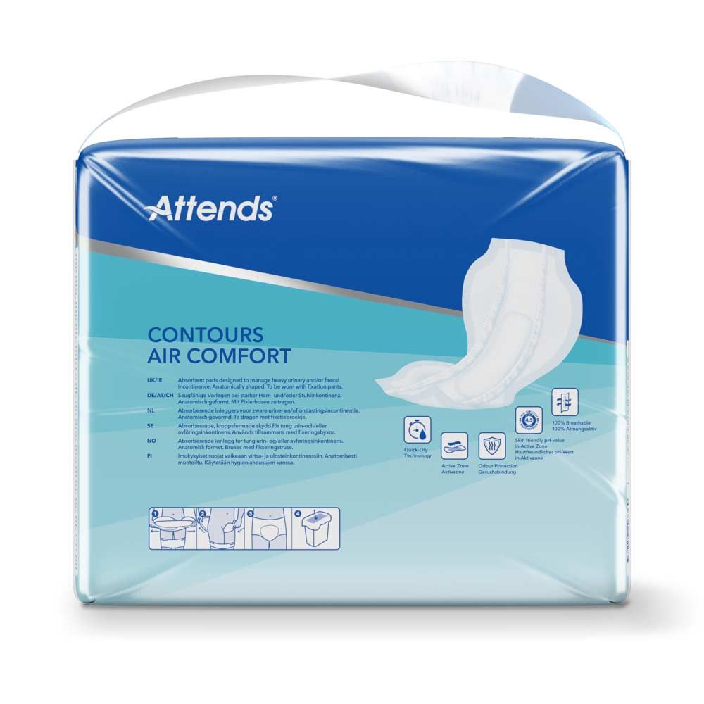 Attends Contours Air Comfort Packung. Produktname und Logo deutlich sichtbar. Rückseite der Verpackung mit Produktinformationen und Symbolen.