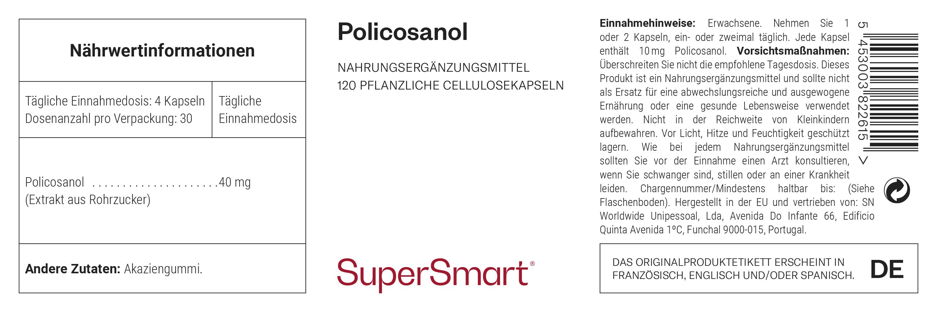 Etikett mit Nährwertinformationen von Policosanol. 120 pflanzliche Zellulosekapseln. Enthält 40 mg Policosanol pro Dosis.