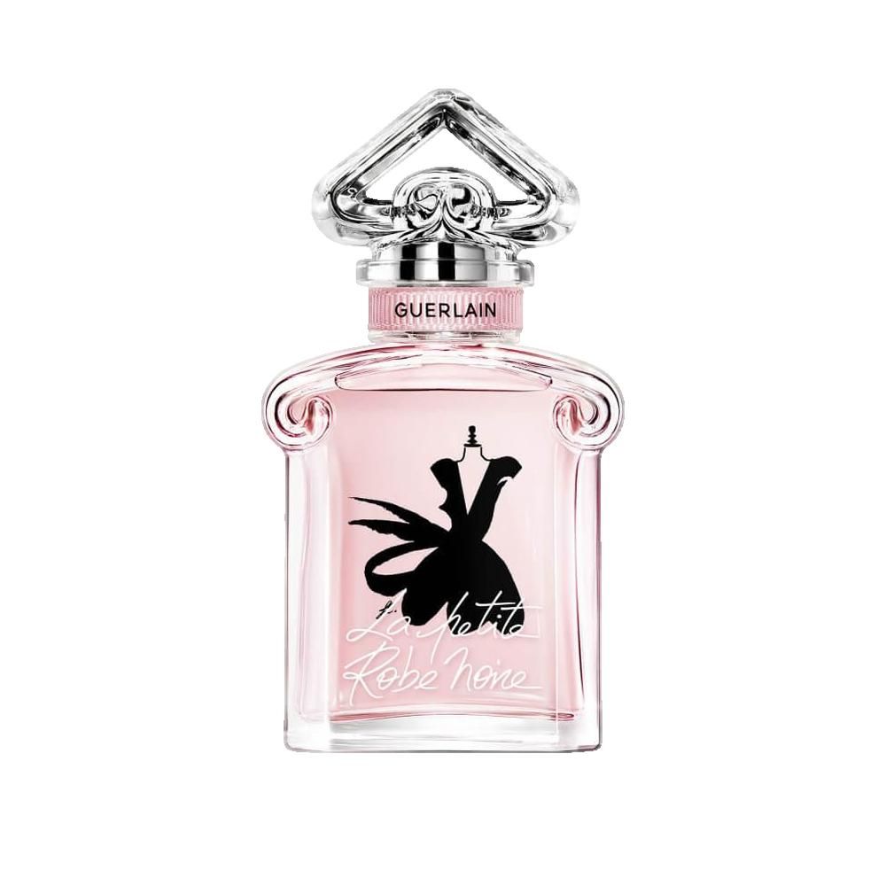 Glasflakon mit rosa Flüssigkeit. Schwarze Zeichnung eines Kleides. Silberner Verschluss. Schriftzug: Guerlain, La petite Robe Noire.