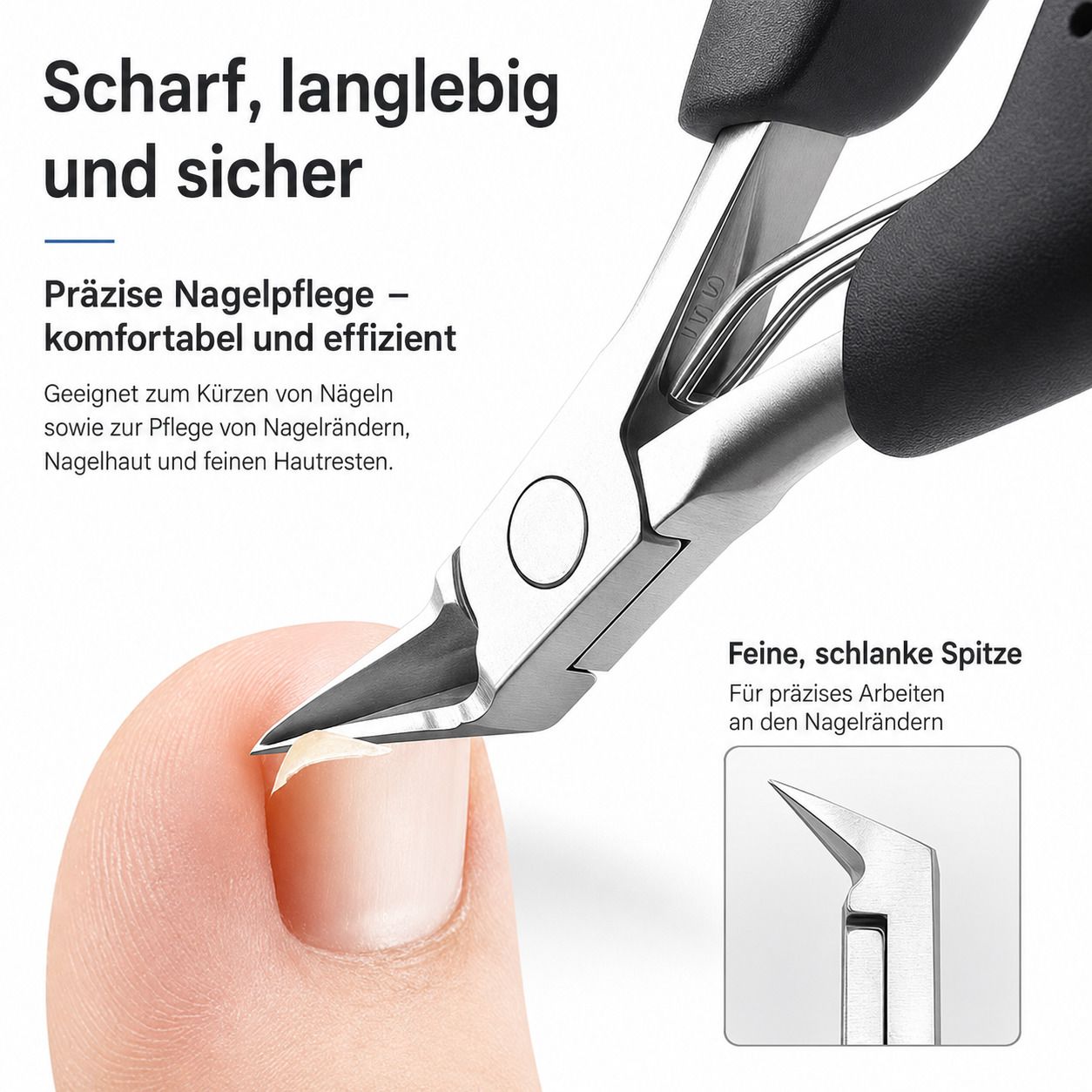 Präzisions-Nagelpflege mit feiner, schlanker Spitze für Randarbeiten.