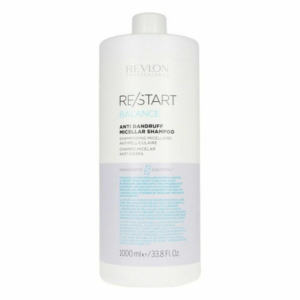 Weiße Flasche Revlon Re-Start Balance Anti-Schuppen Mizellen Shampoo. Text: RE/START BALANCE, Anti-Schuppen Mizellen Shampoo, 1000 ml/33.8 Fl. Oz.