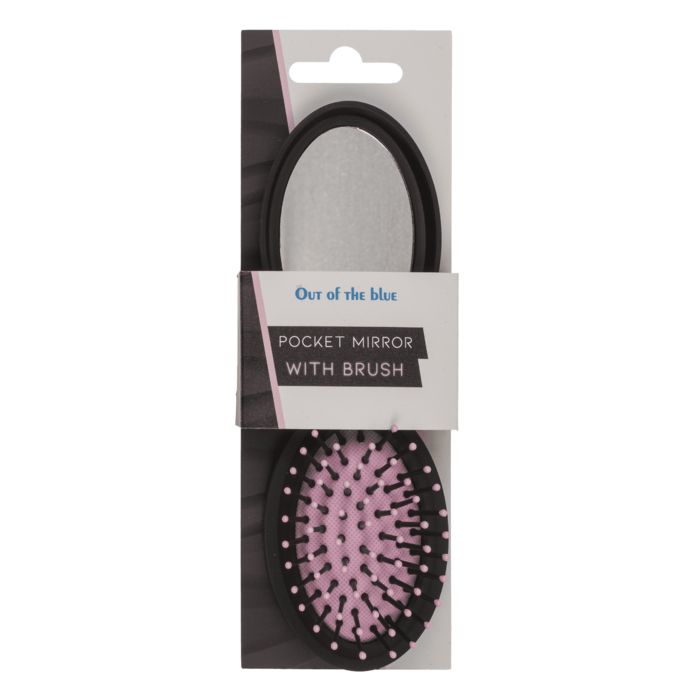 Verpackung mit ovalem Taschenspiegel mit Haarbürste. Spiegel und Bürste sind aufgeklappt. Bürste mit rosa Borsten.