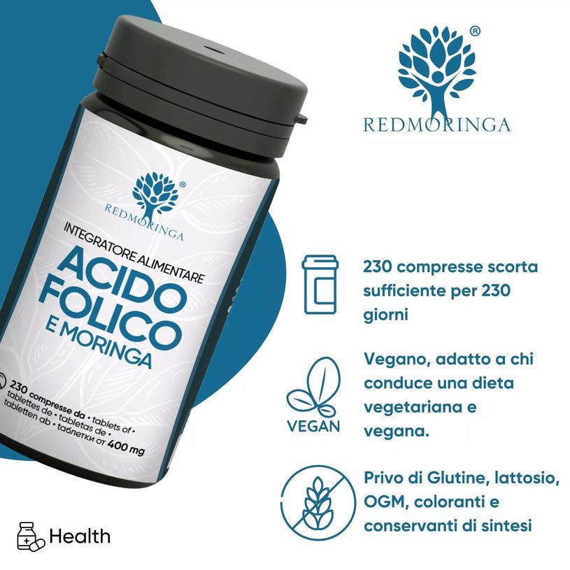 Flasche mit Acido Folico e Moringa. Text: 230 Tabletten, vegan, glutenfrei, laktosefrei.