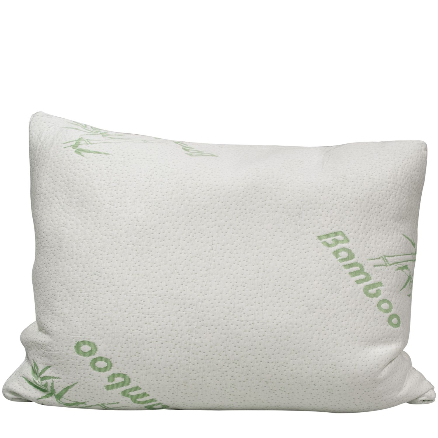 Oreiller king-size en bambou blanc. Inscription bambou verte et motif feuille de bambou. Forme rectangulaire.
