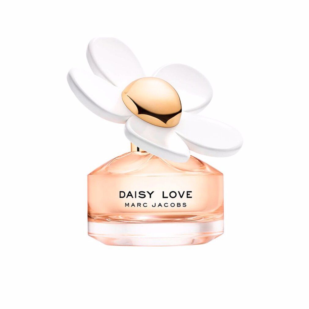 Parfümflasche mit weißer Blüte und goldenem Deckel. Aufschrift: DAISY LOVE MARC JACOBS.