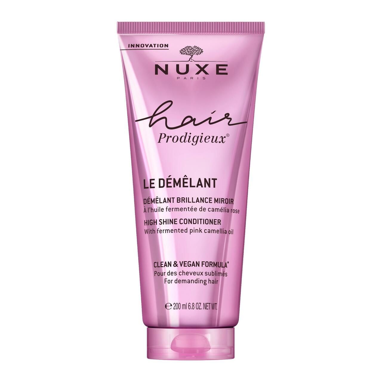 Rosa Tube NUXE Hair Prodigieux Glanz-Conditioner. Text auf der Tube. 200 ml.
