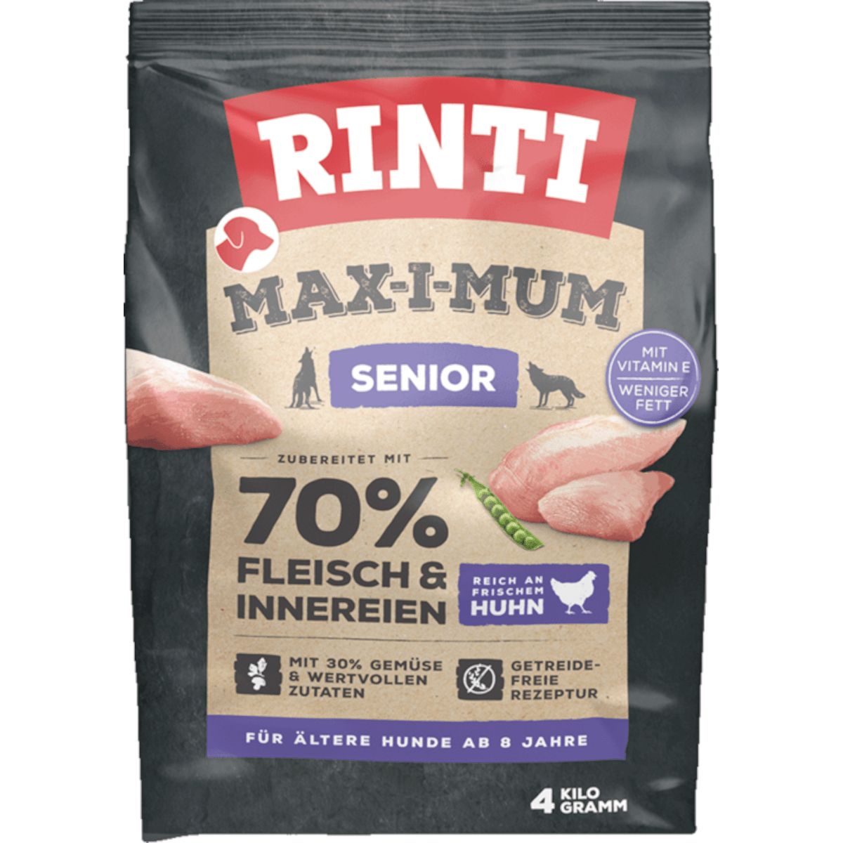 Rinti Max-i-Mum Senior Huhn Hundefutter, 4kg. Mit 70% Fleisch & Innereien, Gemüse und Vitamin E. Für Hunde ab 8 Jahren.