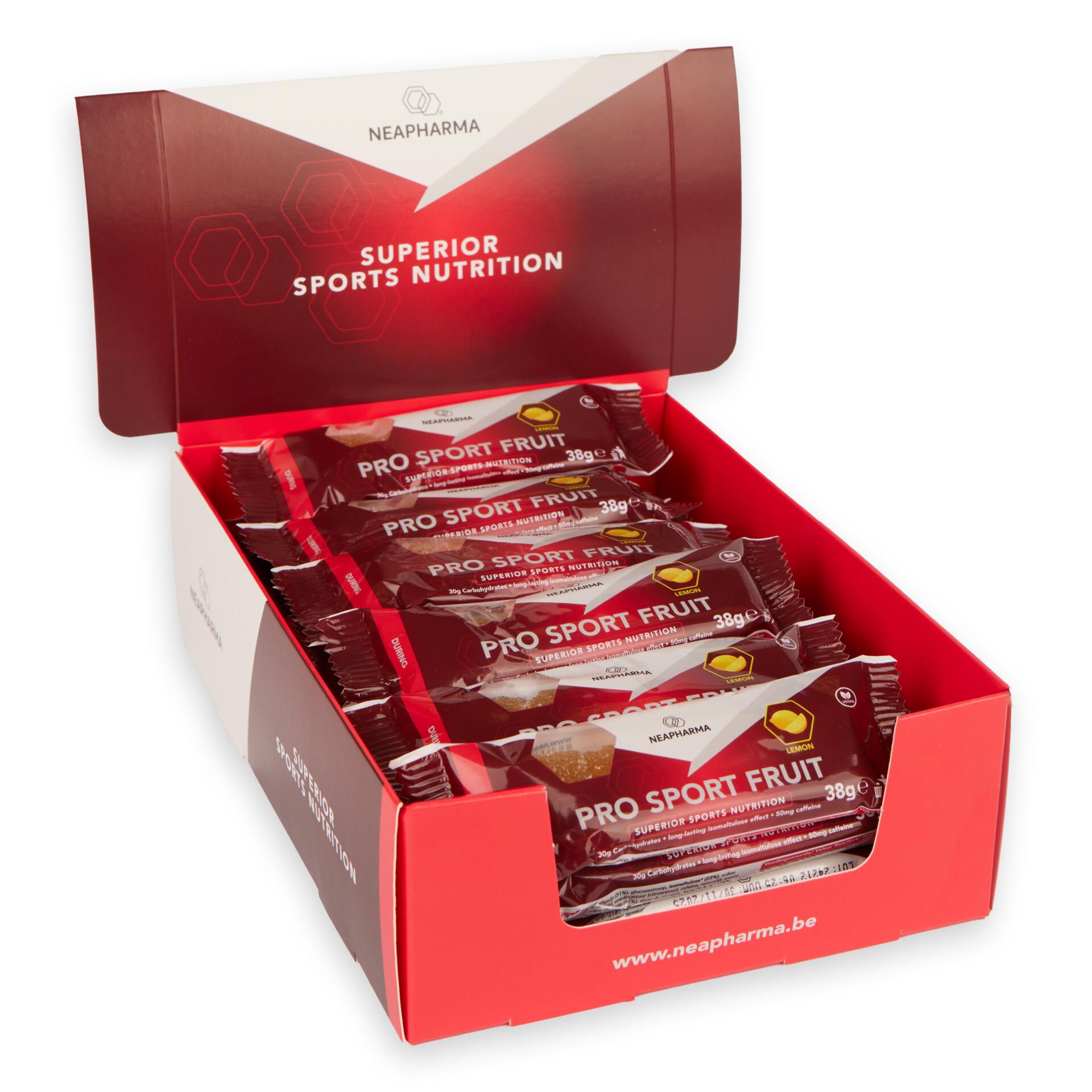 Verkaufsbox mit 10 Neapharma Pro Sport Fruit Kaueriegeln Zitrone.