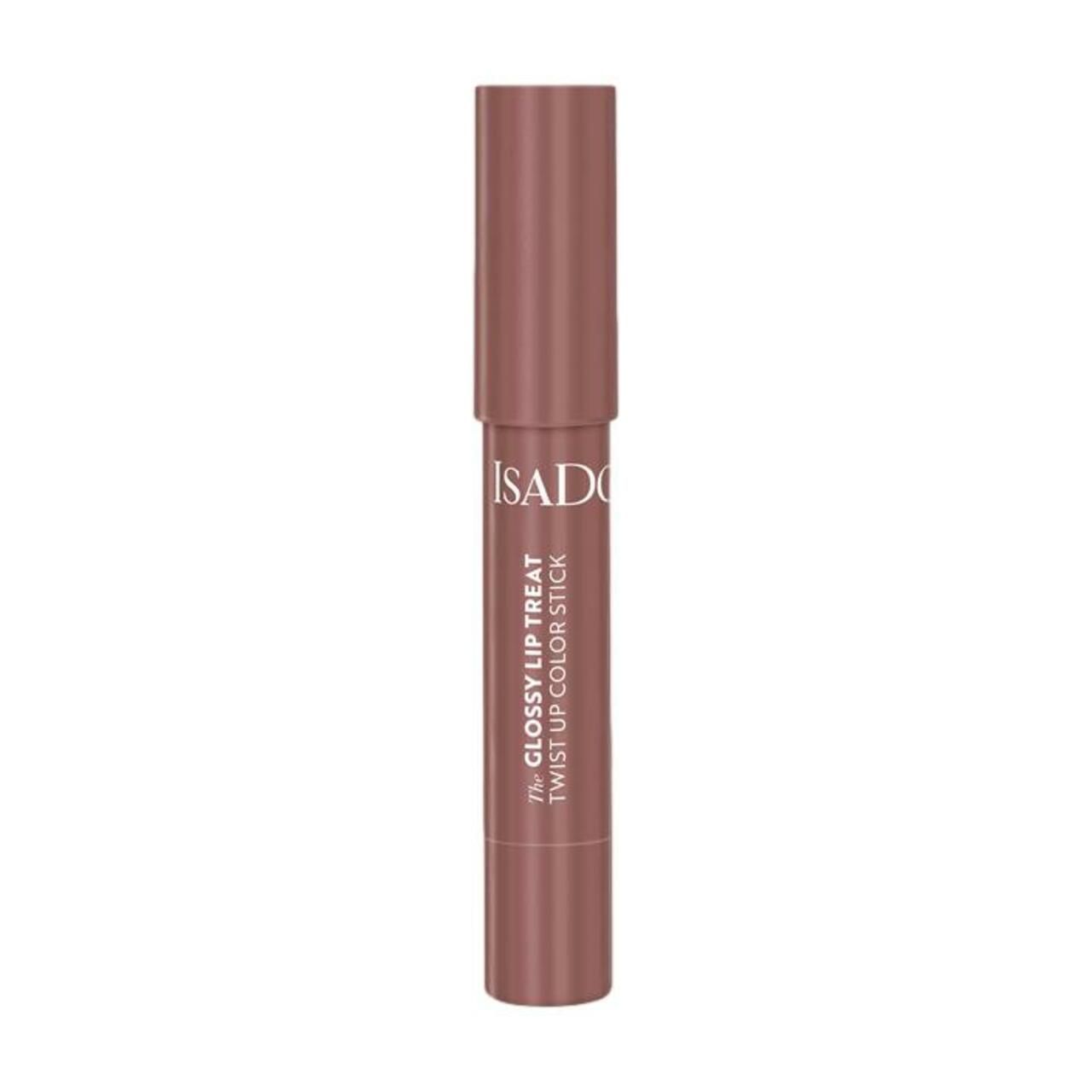 Lippenstift in Stiftform. IsaDora-Logo und Produktname. Farbton: Rosa-Braun. Glänzendes Finish. Aufschrift: The Glossy Lip Treat Twist Up Color Stick.