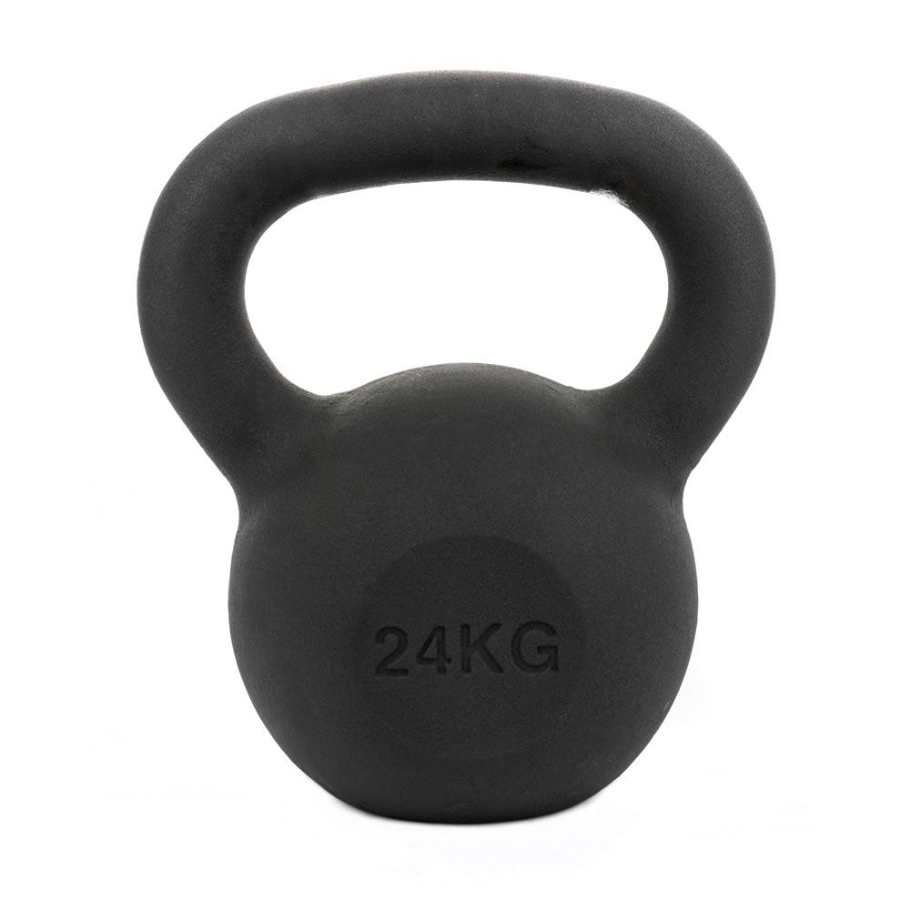 Schwarze Kettlebell mit Griff. Aufschrift '24KG'. Fitnessgerät für Krafttraining.