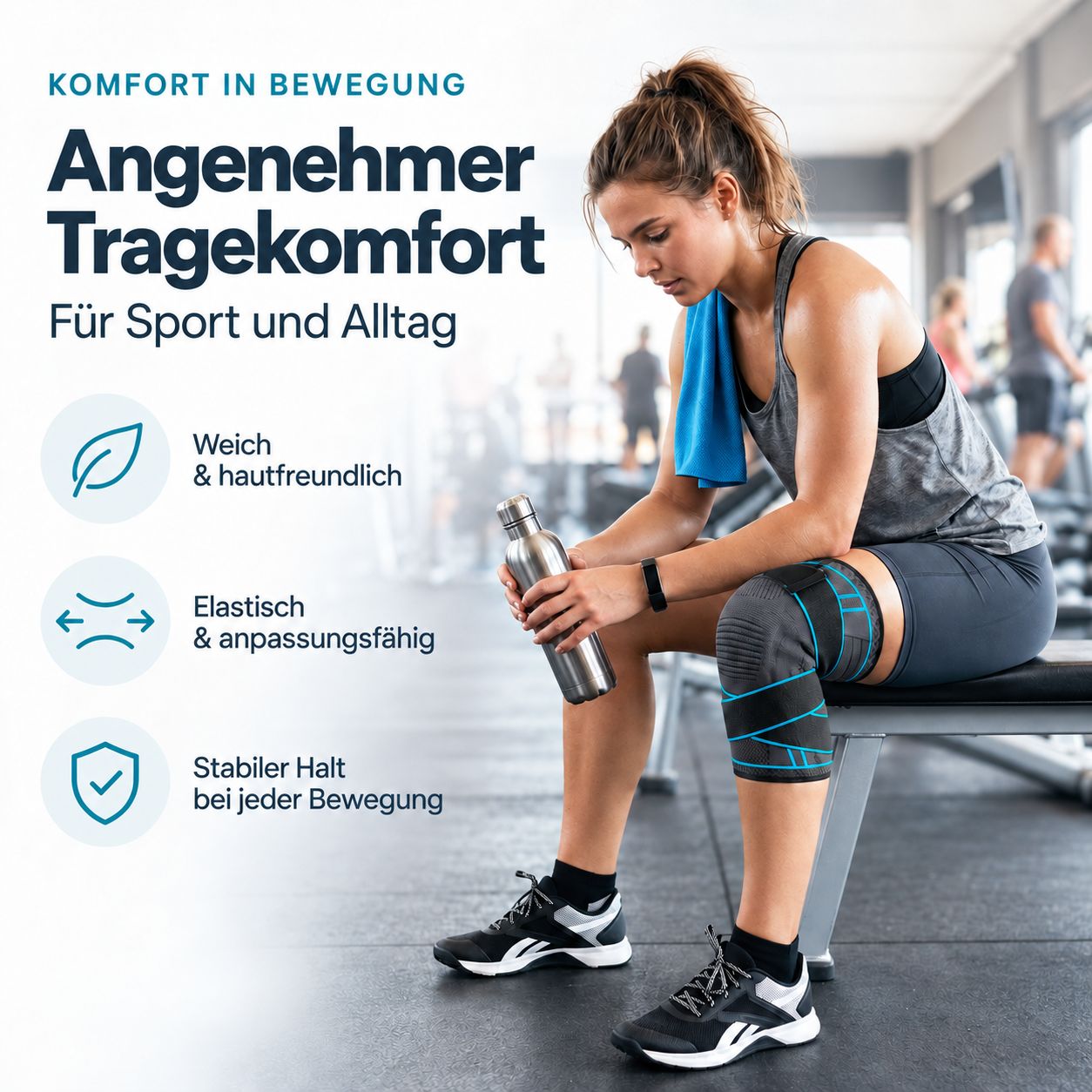 Frau mit AGILE NOW Kniebandage im Fitnessstudio. Weich, elastisch, atmungsaktiv und stabil.