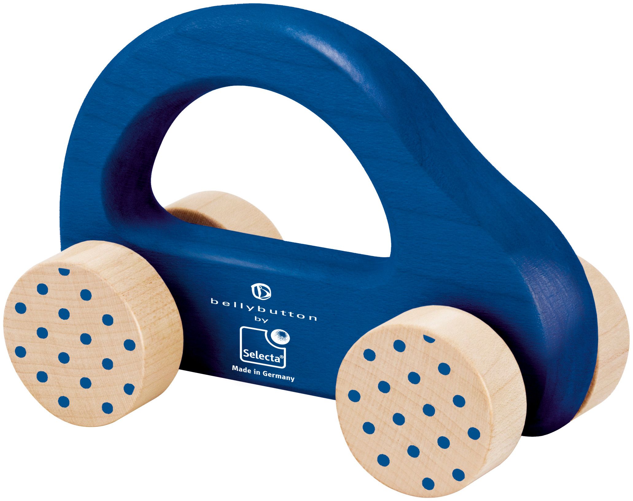 Blaues Holzspielzeugauto mit Griff. Räder aus hellem Holz mit blauen Punkten. Marke: bellybutton by Selecta®. Hergestellt in Deutschland.