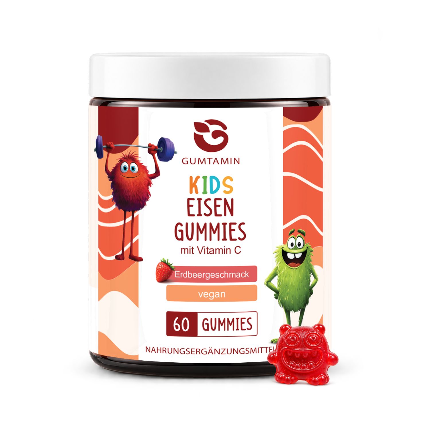 Rote Monster-Gummie mit Eisen und Vitamin C, gehalten von einer Hand.