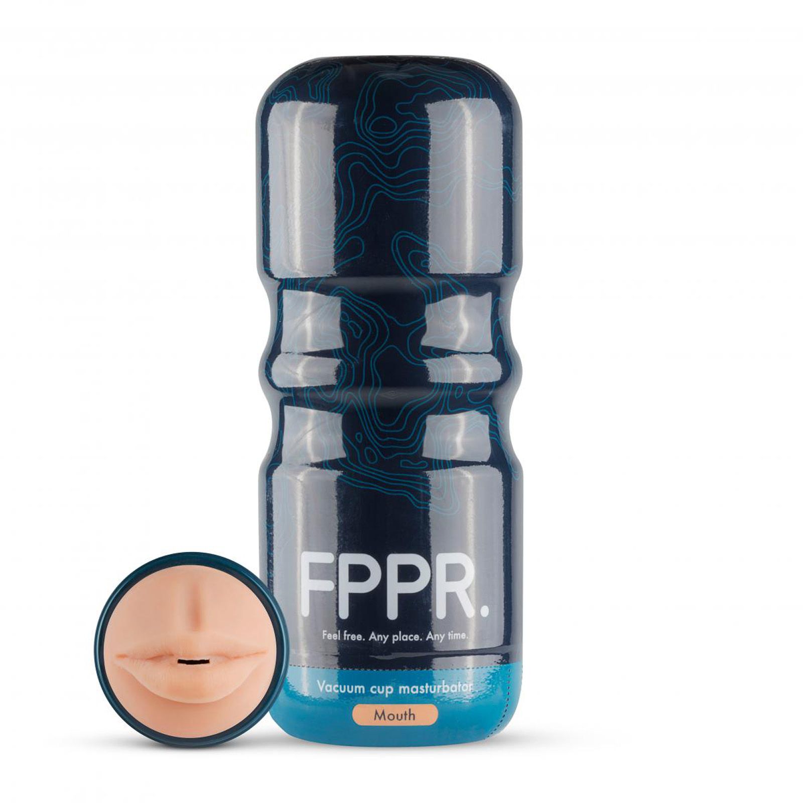 Produit cylindrique bleu foncé avec rainures ondulées. Détail rond avec ouverture buccale. Texte: FPPR, Mouth.