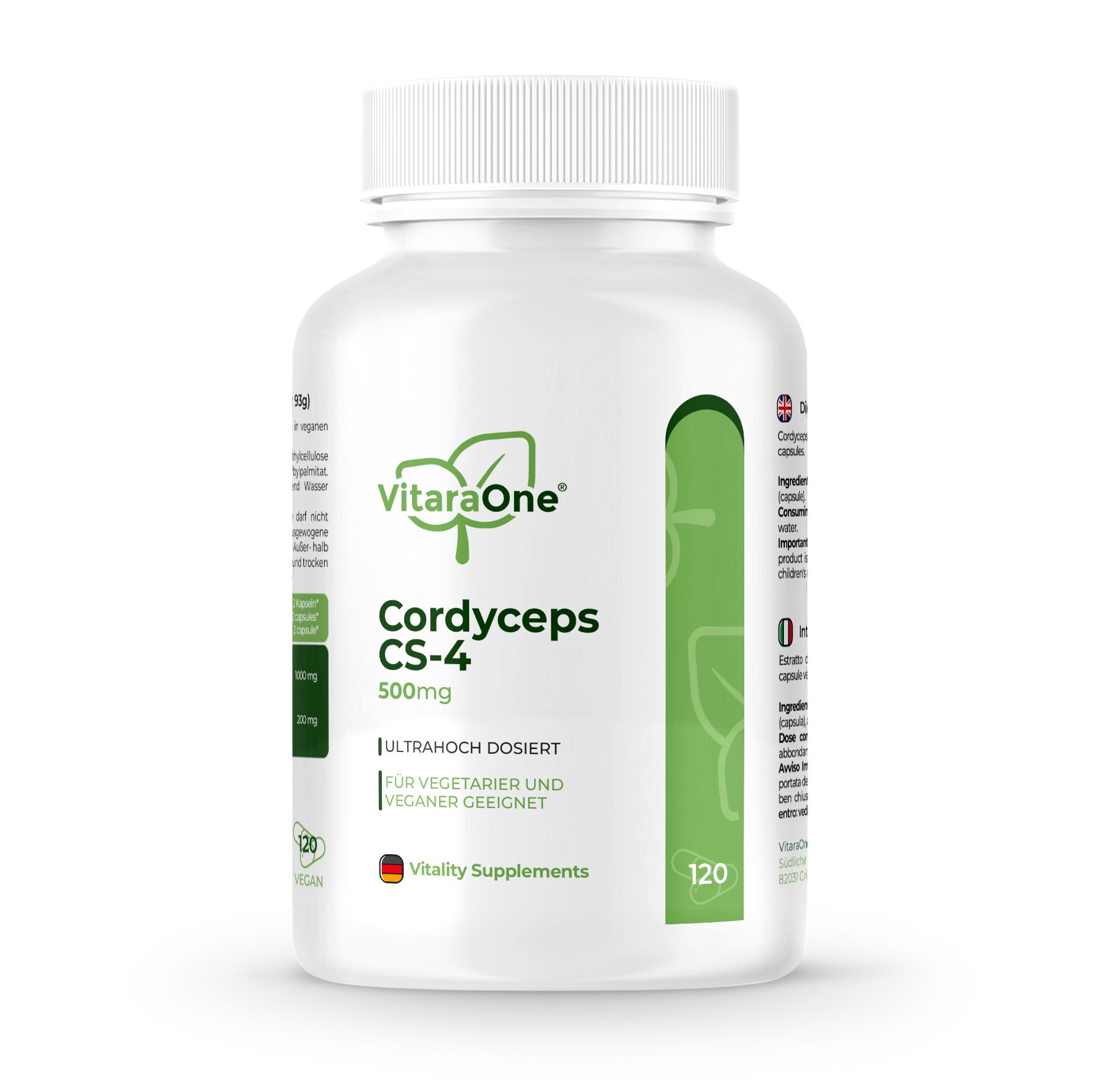 Weiße Flasche mit grünen und weißen Etiketten. Aufschrift: VitaraOne Cordyceps CS-4 500mg. 120 Kapseln. Für Vegetarier und Veganer geeignet.