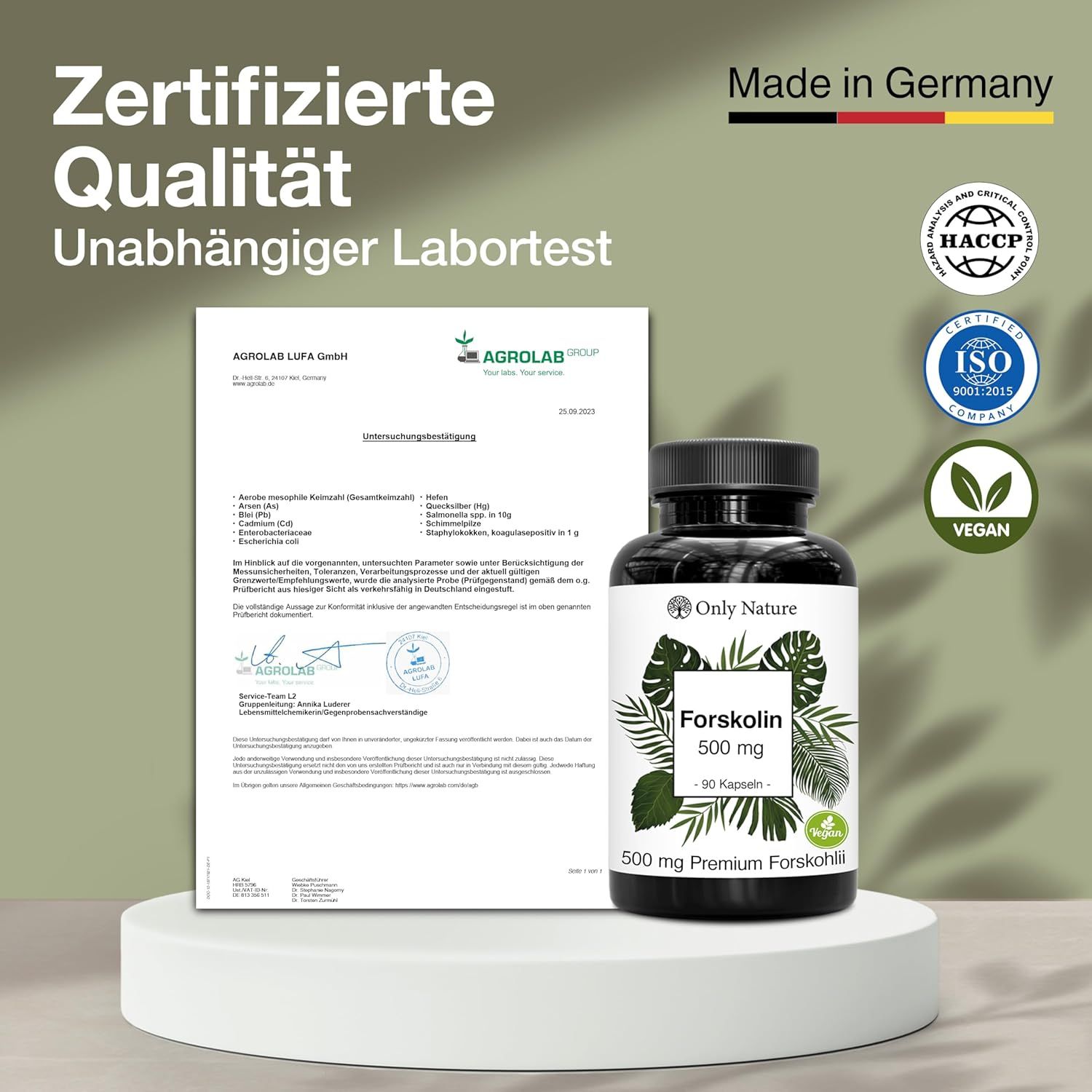 Zertifizierte Qualität. Unabhängiger Labortest. Flasche mit Etikett. Logos: HACCP, ISO, Vegan. Made in Germany.