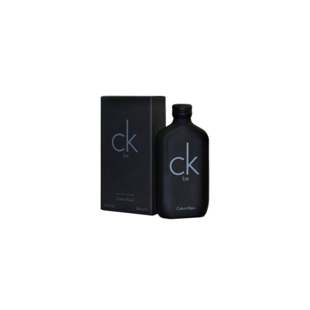 Schwarze Flasche und Verpackung mit 'ck be' und 'Calvin Klein' Schriftzug. Flasche mit Sprühkopf.