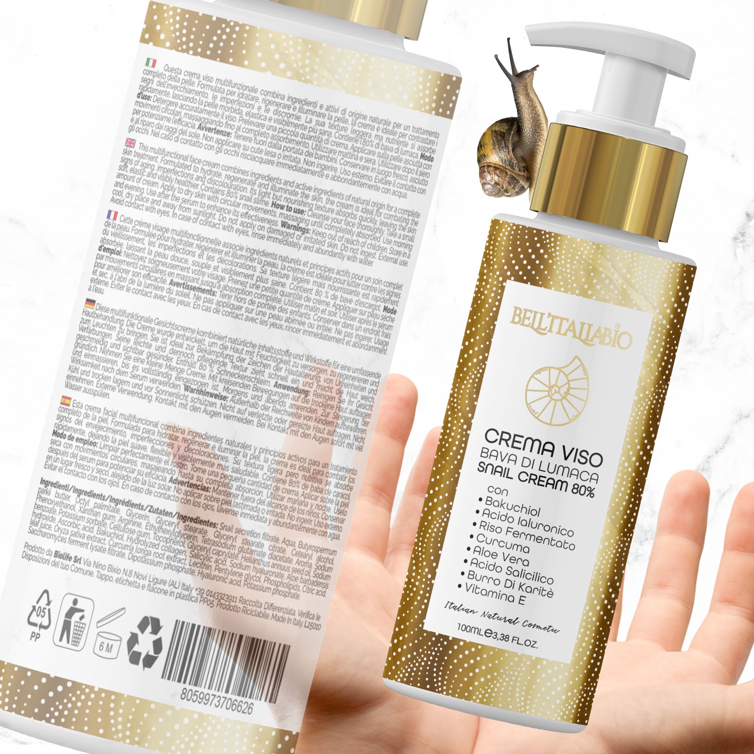 Creme-Flakon mit Pumpe. Goldfarbener Deckel, weißer Pumpkopf. Text: BellItaliabio, Crema Viso, Bava di Lumaca, 80%. Inhaltsstoffe.