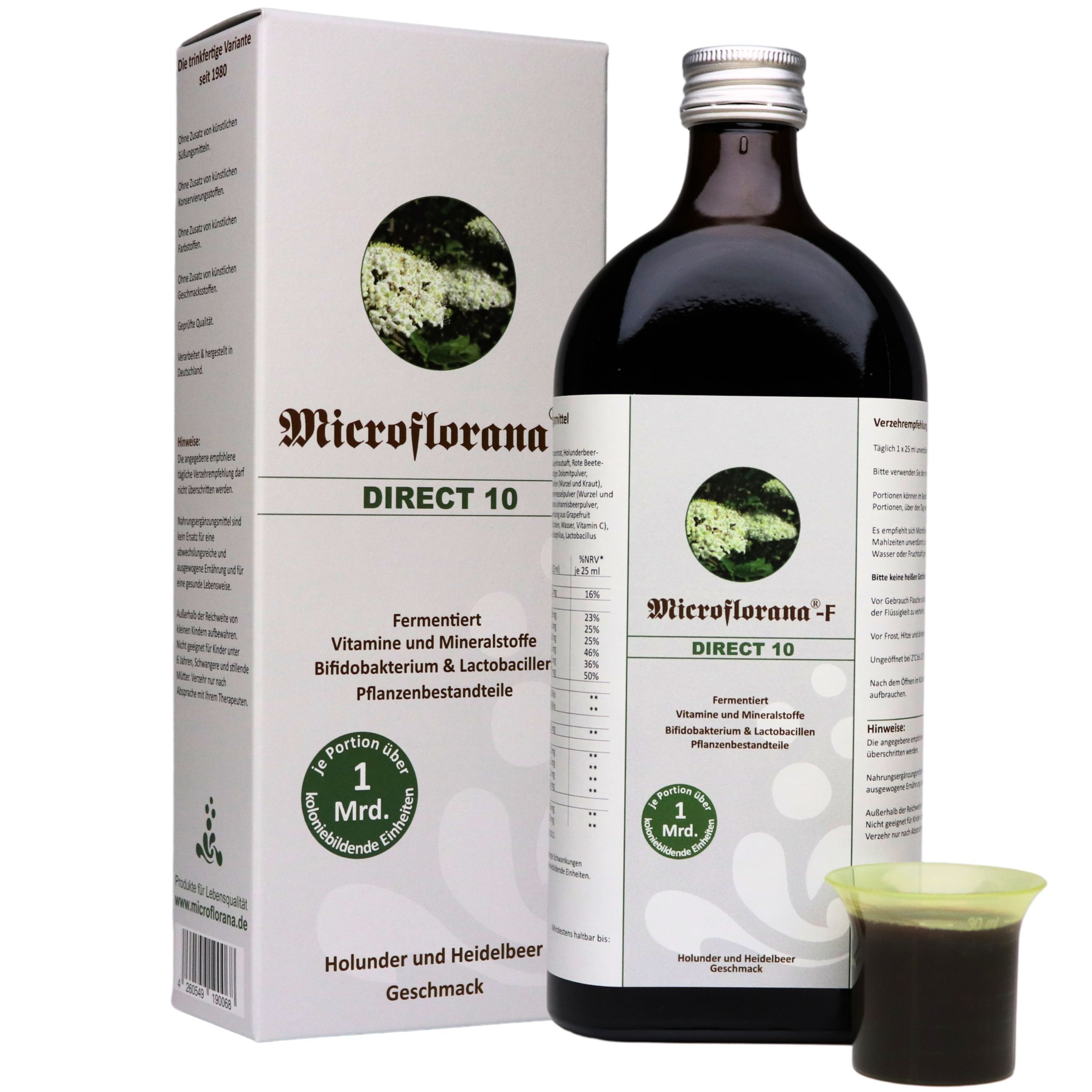 Braune Flüssigkeit in einer Glasflasche und einem Messbecher. Aufschrift: Microflorana-F Direct 10. Mit Verpackung.