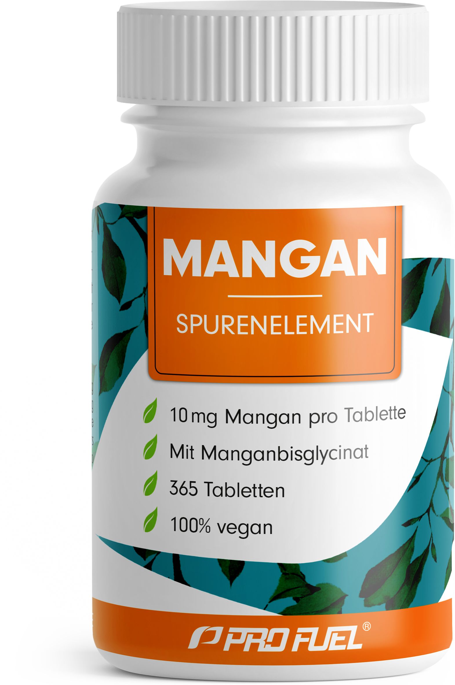 Weiße Flasche mit Mangan-Tabletten. Orangefarbenes Etikett mit Text. Blaue Blätter als Design. 365 Tabletten, 100% vegan.