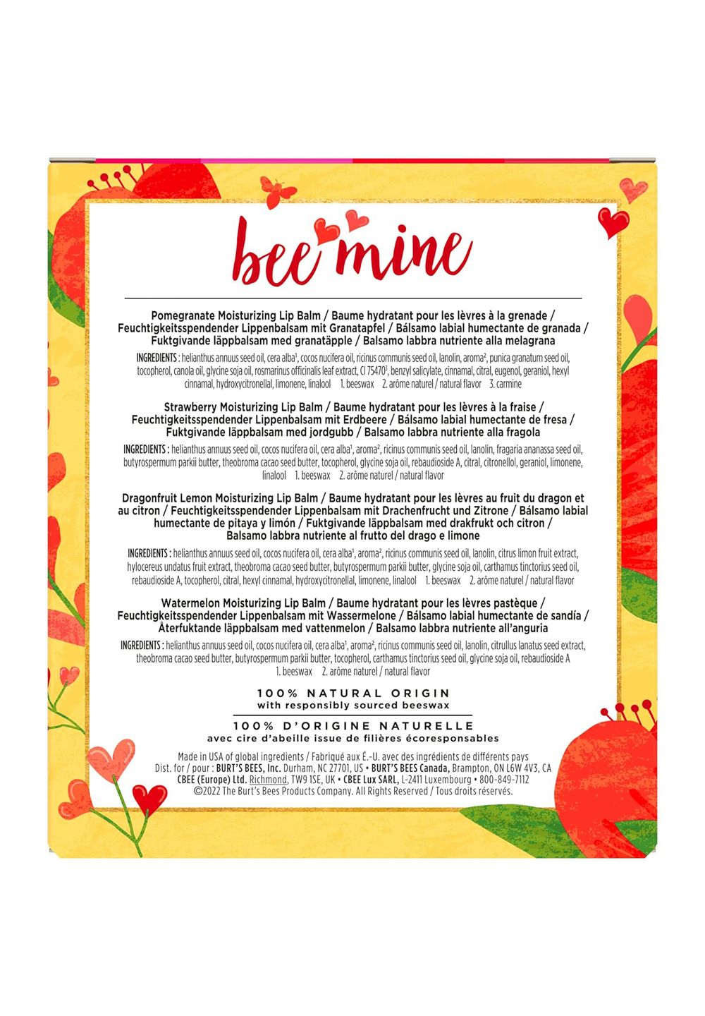 Burt's Bees Lip Balm Dragonfruit Strawberry Watermelon Pomegranate 4er Pack 17 g Lippenschutz