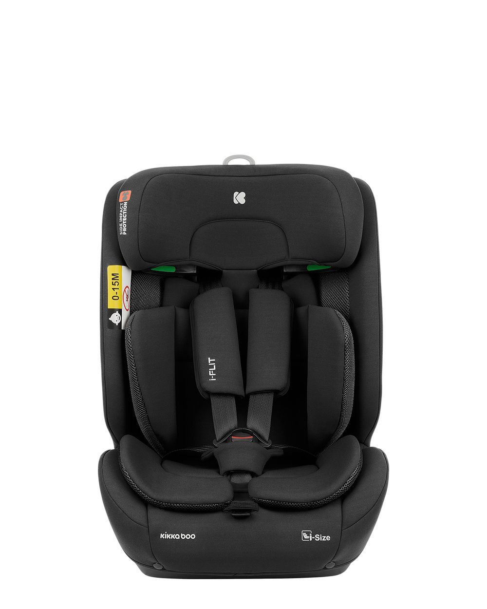 Kindersitz in Schwarz und Grau, Seitenansicht, mit Isofix-Befestigung.