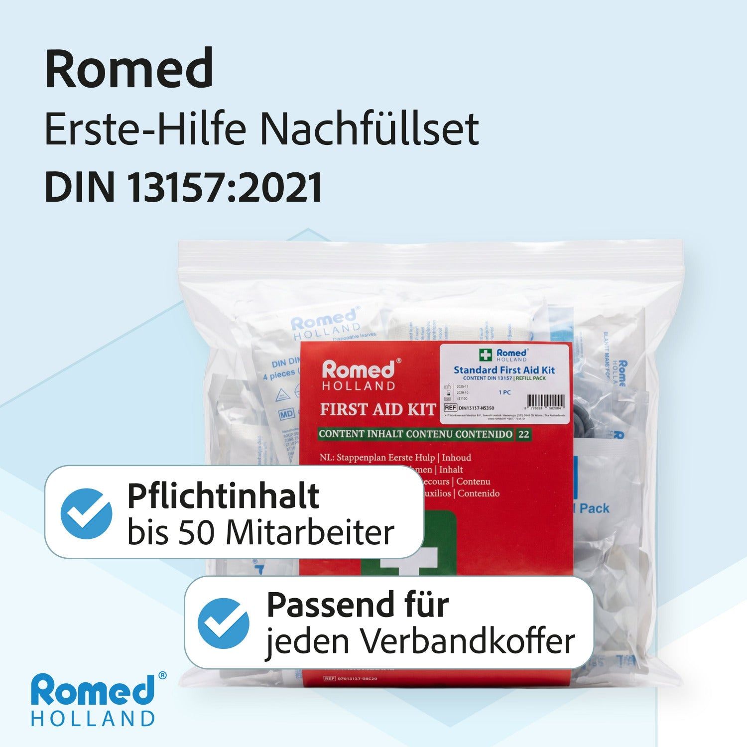 Romed Erste Hilfe Nachfüllset DIN 13157:2021 in transparenter Tasche, mit Hinweisen zu Pflichtinhalt und Passform.