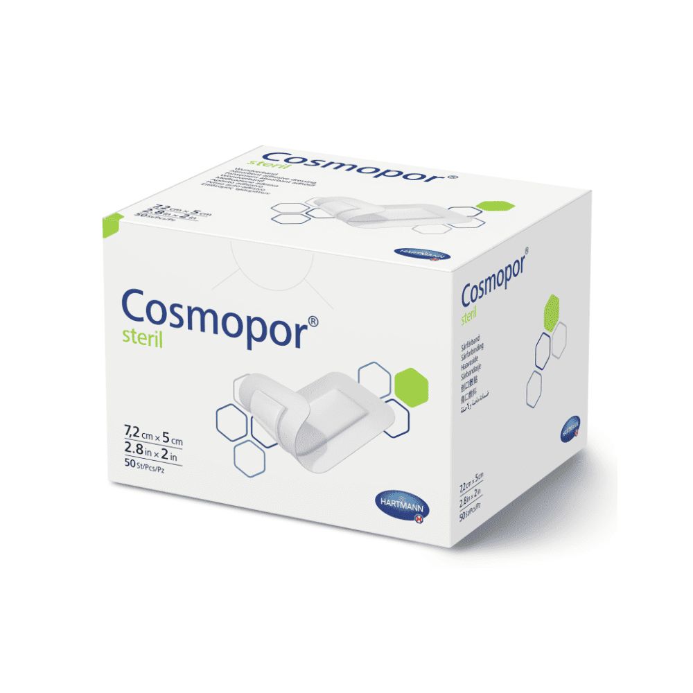 Verpackung von Cosmopor steril Wundverband. Aufschrift: 7,2 cm x 5 cm, 50 Stück. Marke Hartmann. Weißer Karton mit Produktabbildung.