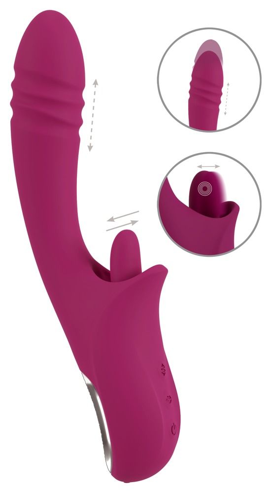 Vibrator in Magenta mit Zunge und geriffelter Oberfläche. Zwei Detailansichten zeigen die Zungen- und Vibrationsbewegung.