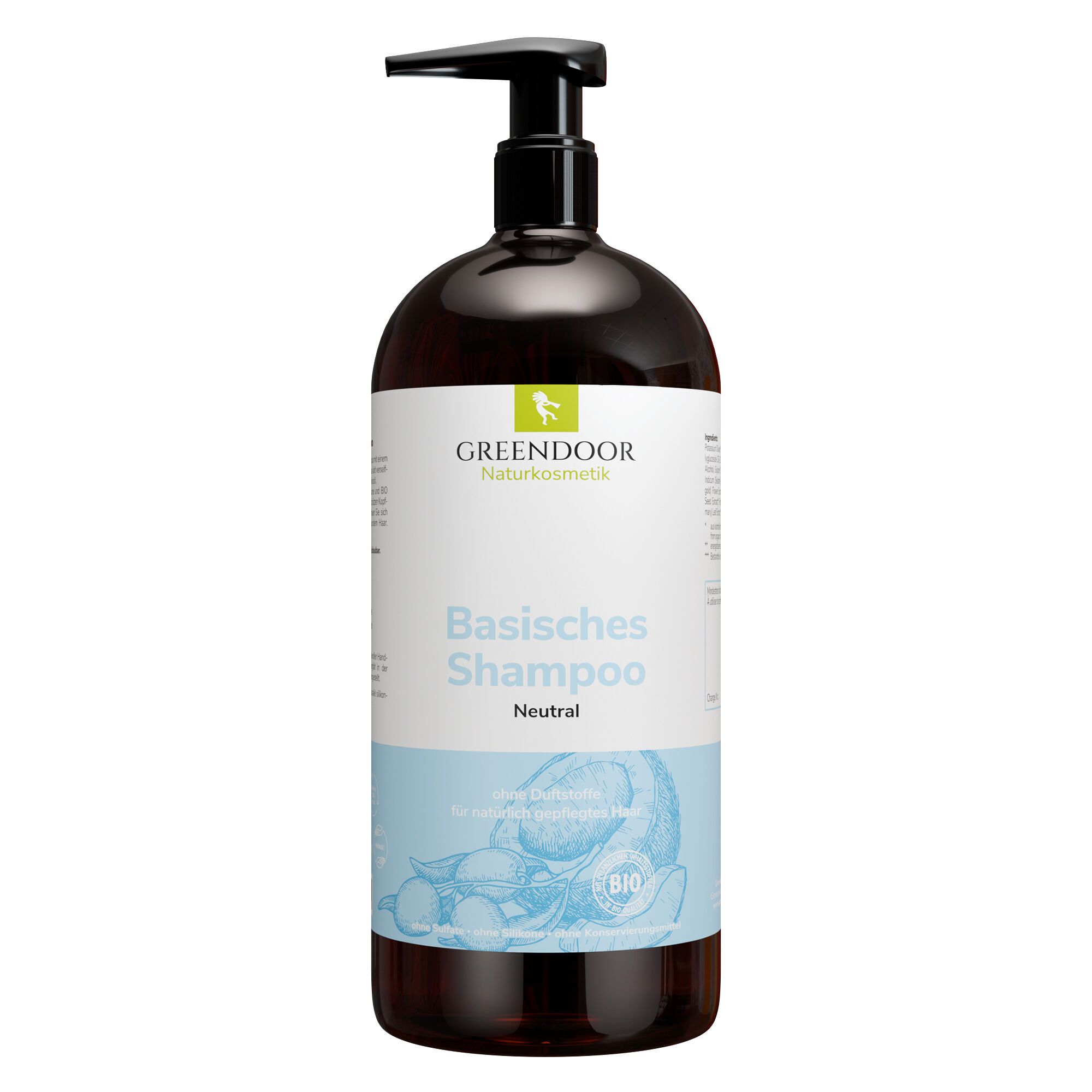 Braune Shampoo-Flasche mit schwarzem Pumpkopf. Aufschrift: GREENDOOR Naturkosmetik, Basisches Shampoo Neutral. Bio-Siegel.