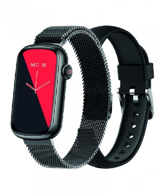 Smartwatch mit schwarzem Gehäuse und rotem/schwarzem Display. Zwei Armbänder: Metall und Gummi, schwarz.