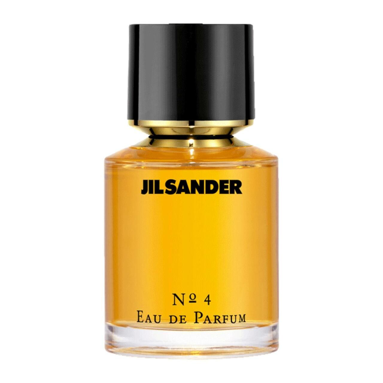 Jil Sander No 4 Eau de Parfum Flakon. Zylindrischer Flakon mit schwarzem Deckel und goldfarbenem Kragen. Gelbe Flüssigkeit.